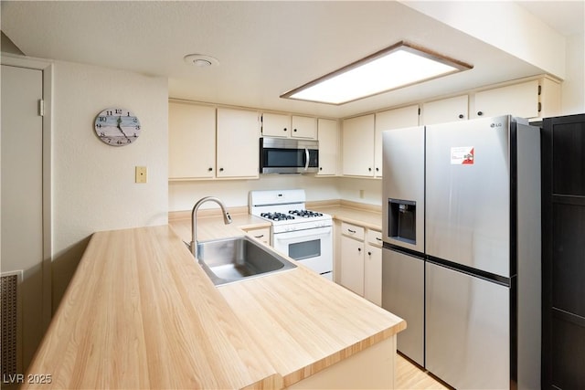 kitchen with stainless steel appliances, kitchen peninsula, and sink