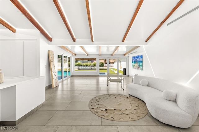 living room featuring lofted ceiling with beams