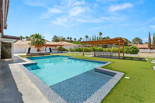 view of swimming pool with a patio, a lawn, and a pergola