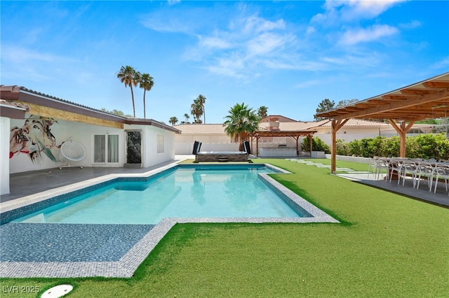 view of swimming pool with a hot tub, a pergola, a patio, and a lawn