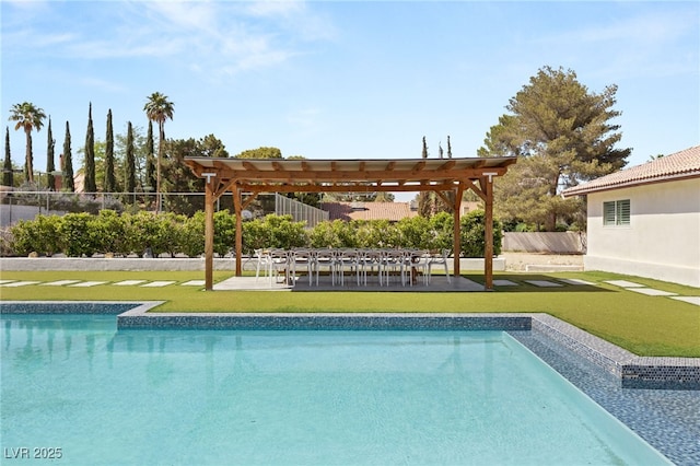 view of pool with a pergola and a lawn