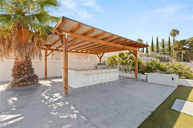 view of patio featuring exterior kitchen and an outdoor bar