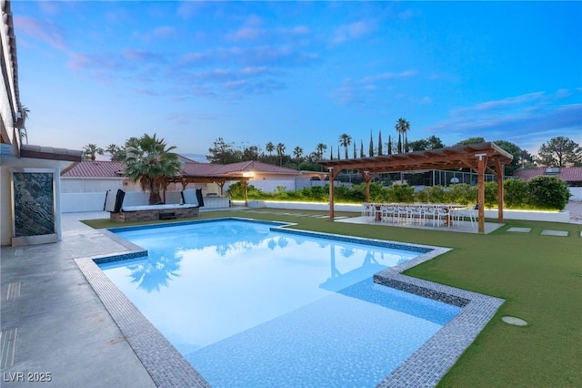 view of swimming pool featuring a pergola, a patio, and a lawn