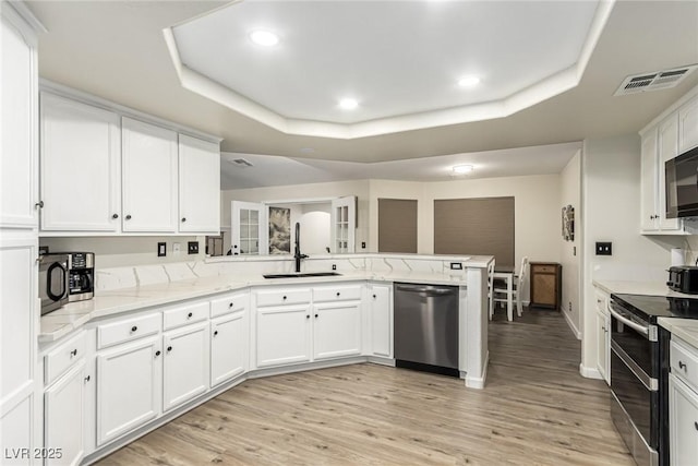 kitchen with a raised ceiling, appliances with stainless steel finishes, sink, and kitchen peninsula