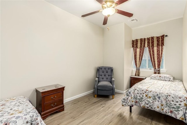 bedroom featuring ceiling fan and light wood-type flooring