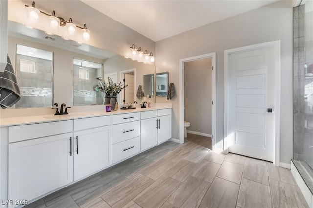 bathroom with vanity, a tile shower, and toilet