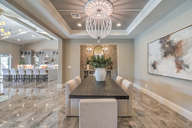 dining space with baseboards, visible vents, marble finish floor, a chandelier, and recessed lighting