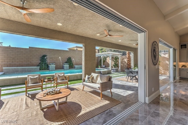 view of patio with fence private yard, a pergola, and an outdoor hangout area