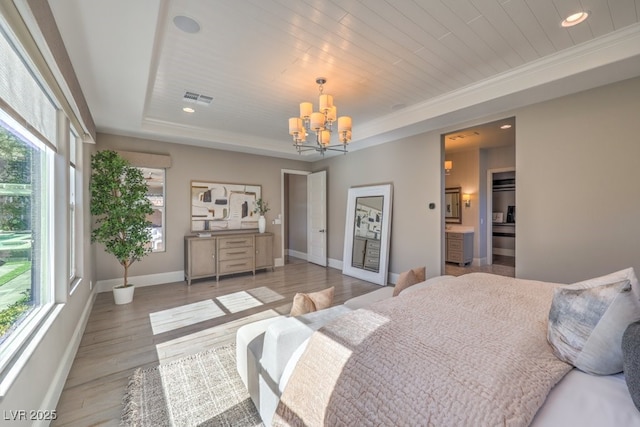 bedroom with wood finished floors, wood ceiling, visible vents, baseboards, and a raised ceiling