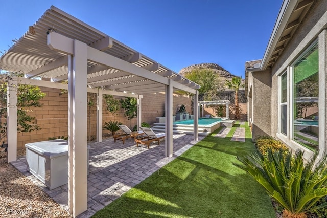 view of patio featuring a fenced in pool, a fenced backyard, and a pergola