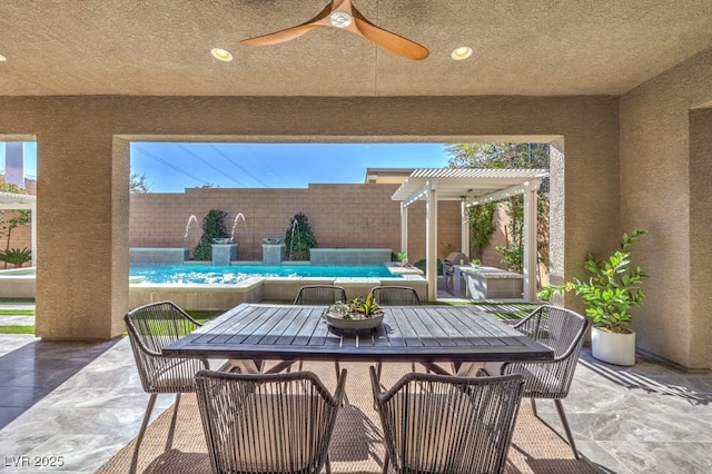 view of patio featuring outdoor dining space, ceiling fan, a pergola, a fenced backyard, and an outdoor pool