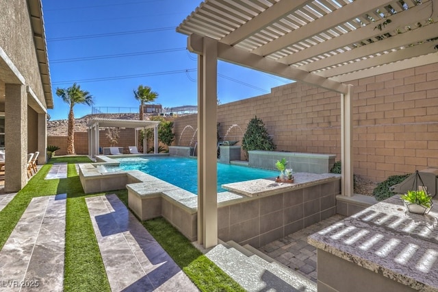 view of pool with a hot tub, a fenced in pool, a fenced backyard, a gazebo, and a pergola