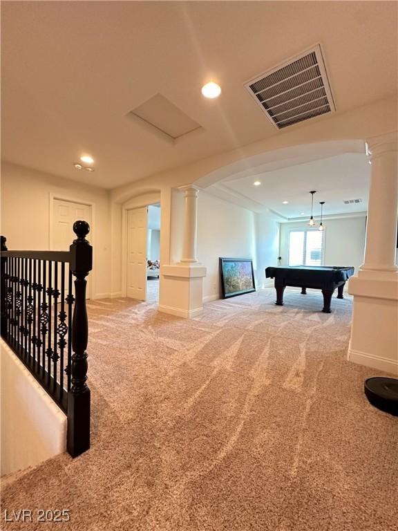 rec room with billiards, light carpet, and ornate columns