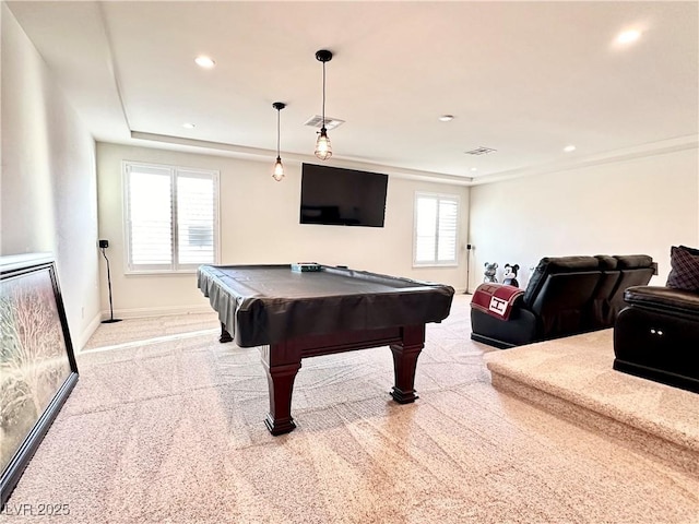 rec room with light carpet and billiards