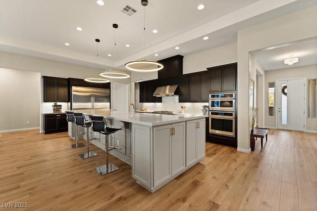 kitchen featuring tasteful backsplash, hanging light fixtures, stainless steel appliances, a center island with sink, and light hardwood / wood-style flooring