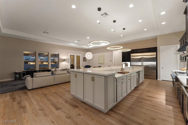 kitchen featuring sink, appliances with stainless steel finishes, a center island with sink, a raised ceiling, and light wood-type flooring