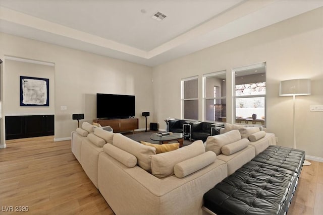 living room with a raised ceiling and light hardwood / wood-style flooring