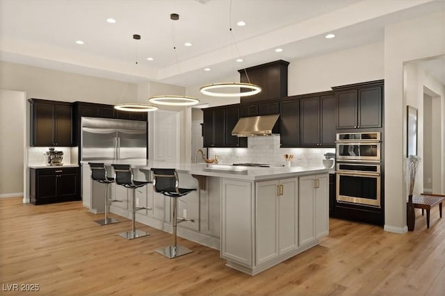 kitchen featuring light wood-type flooring, a large island with sink, pendant lighting, stainless steel appliances, and decorative backsplash