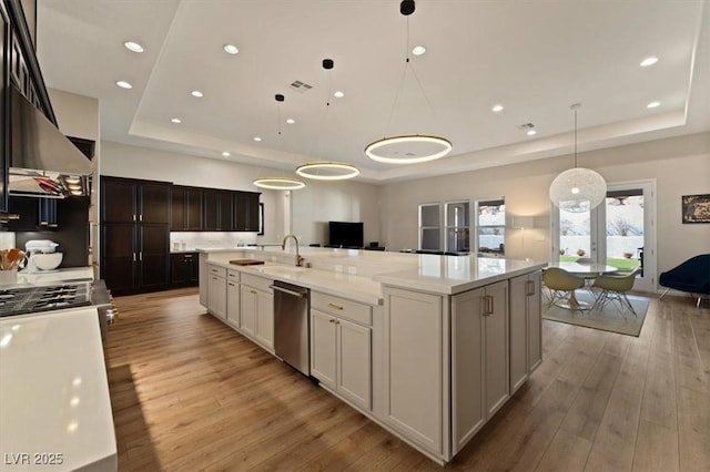 kitchen with stainless steel dishwasher, a raised ceiling, and a large island with sink