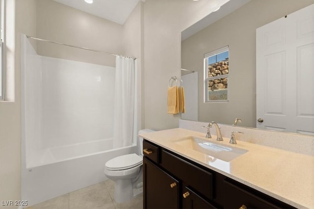 full bathroom with vanity, tile patterned floors, shower / bath combo with shower curtain, and toilet