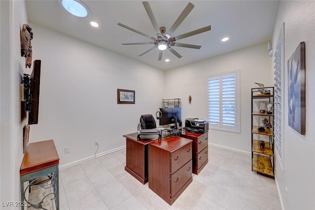 tiled home office with ceiling fan