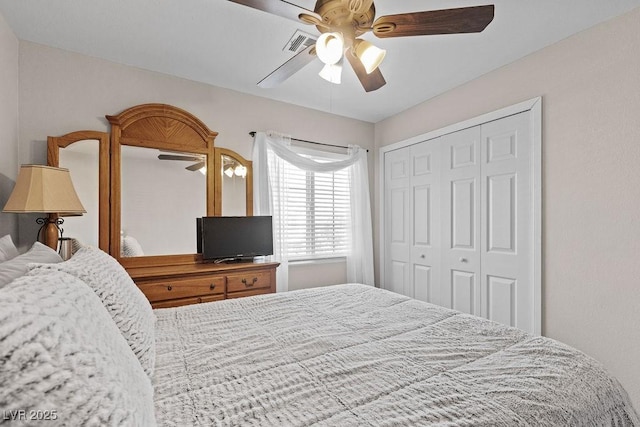 bedroom with a closet, visible vents, and a ceiling fan