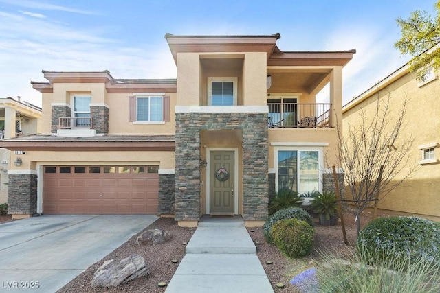 view of front facade with stucco siding, a balcony, a garage, stone siding, and driveway