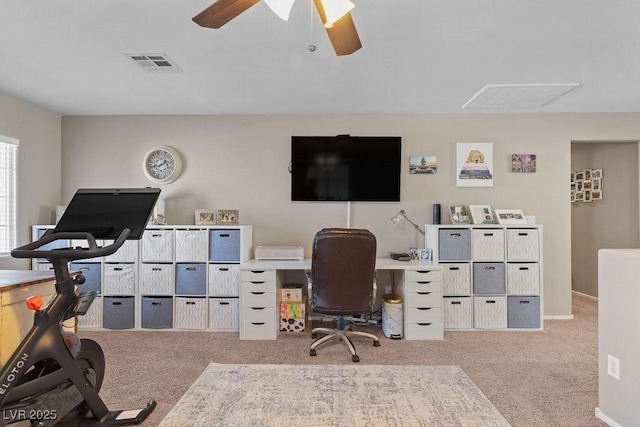 office area featuring ceiling fan, visible vents, and light colored carpet