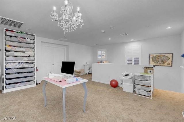 carpeted office space featuring an inviting chandelier