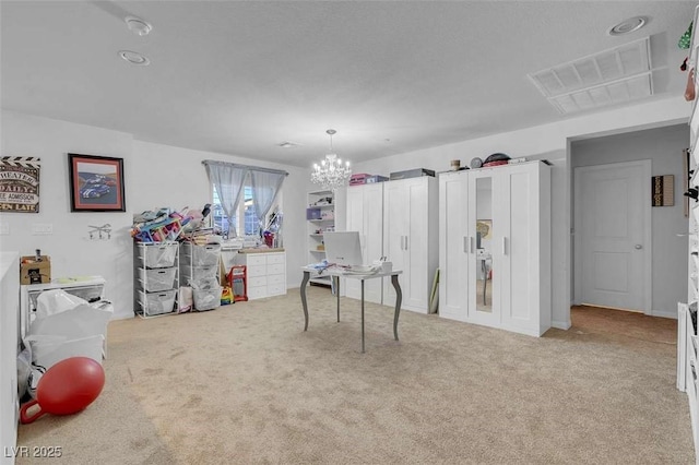 miscellaneous room featuring light carpet and a notable chandelier