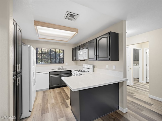 kitchen with sink, white appliances, light hardwood / wood-style floors, and kitchen peninsula