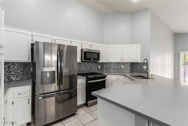 kitchen featuring sink, stainless steel appliances, kitchen peninsula, and white cabinets