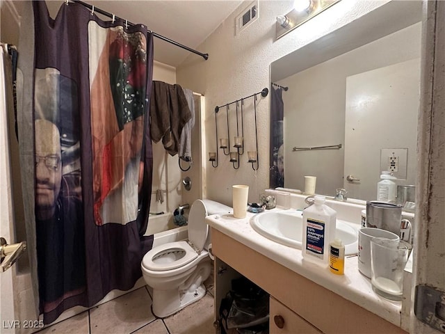 full bathroom featuring toilet, tile patterned floors, shower / bathtub combination with curtain, and vanity