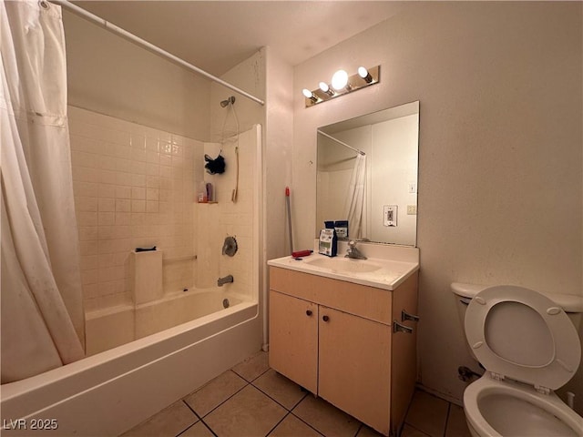 full bathroom with tile patterned flooring, vanity, shower / tub combo, and toilet