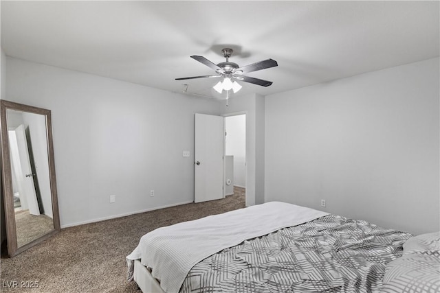 bedroom featuring ceiling fan and carpet