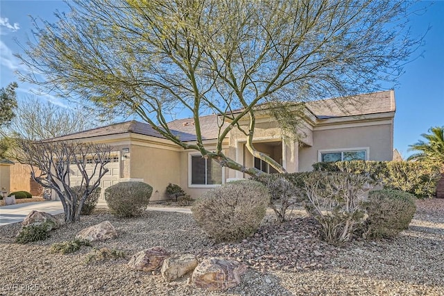 view of front of home featuring concrete driveway, an attached garage, and stucco siding