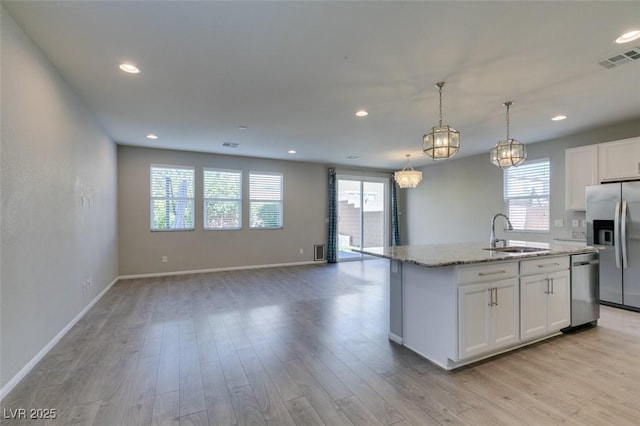 kitchen with appliances with stainless steel finishes, a kitchen island with sink, sink, and white cabinets