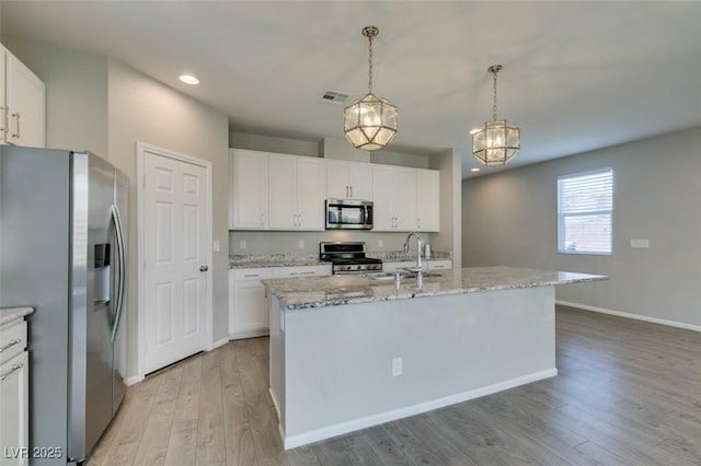 kitchen featuring sink, hanging light fixtures, stainless steel appliances, white cabinets, and a center island with sink