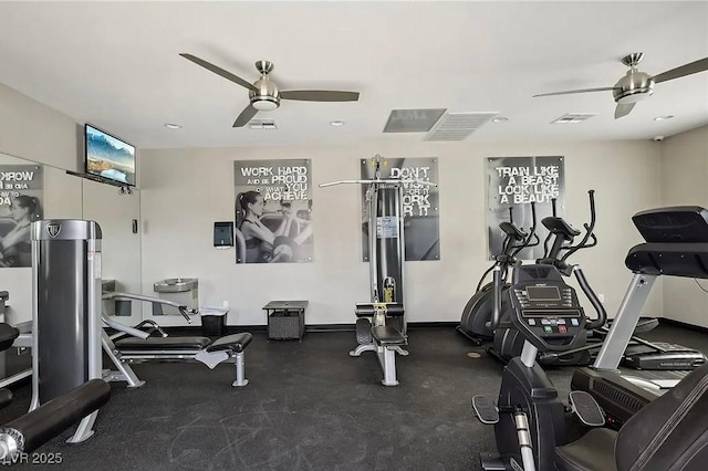 exercise room with ceiling fan