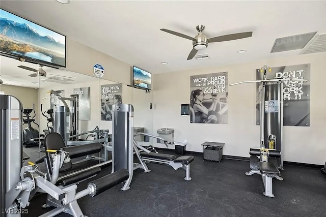 workout area featuring ceiling fan