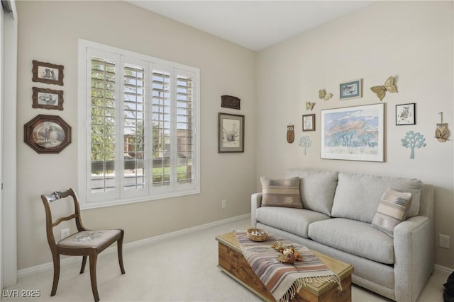 living area with baseboards and carpet floors