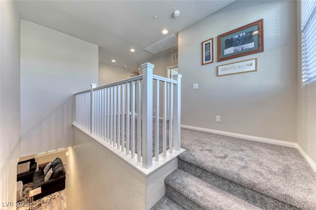 staircase featuring carpet floors