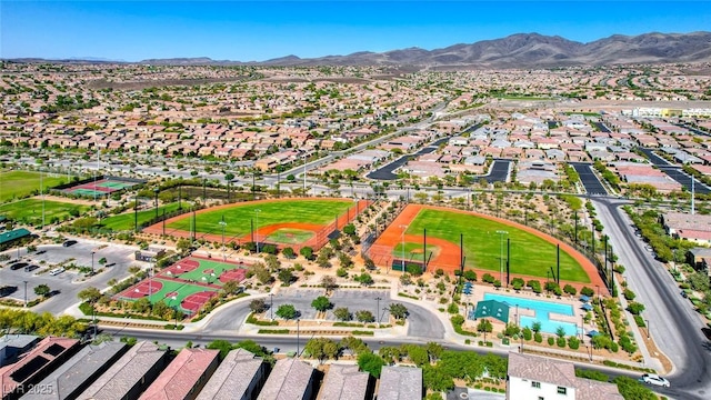 drone / aerial view featuring a mountain view