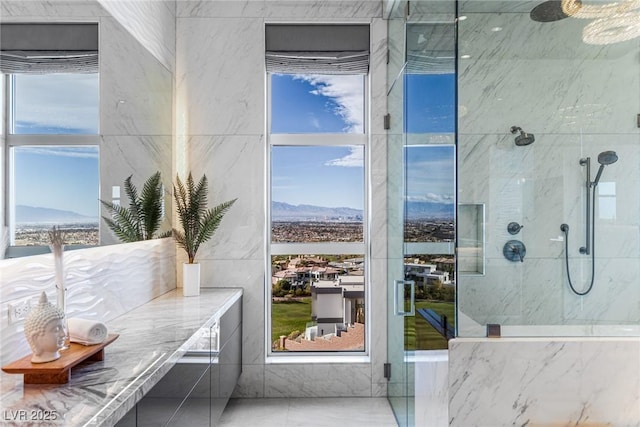 interior space with a mountain view, plenty of natural light, and a shower with shower door