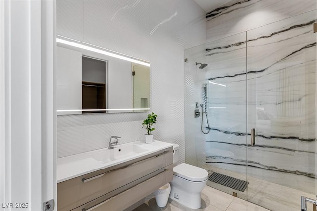 bathroom with vanity, an enclosed shower, tile patterned floors, and toilet