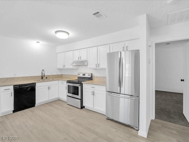 kitchen featuring sink, light hardwood / wood-style flooring, appliances with stainless steel finishes, white cabinetry, and a textured ceiling