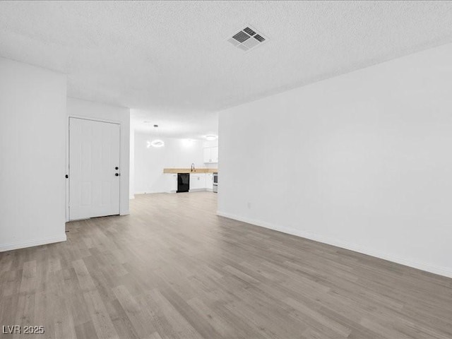 empty room featuring sink, a textured ceiling, and light wood-type flooring