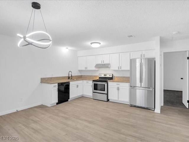 kitchen with sink, hanging light fixtures, appliances with stainless steel finishes, light hardwood / wood-style floors, and white cabinets