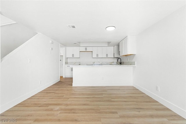 kitchen featuring white cabinetry, sink, light hardwood / wood-style floors, and kitchen peninsula