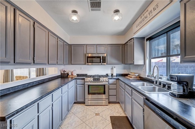 kitchen featuring stainless steel appliances, gray cabinets, sink, and light tile patterned floors